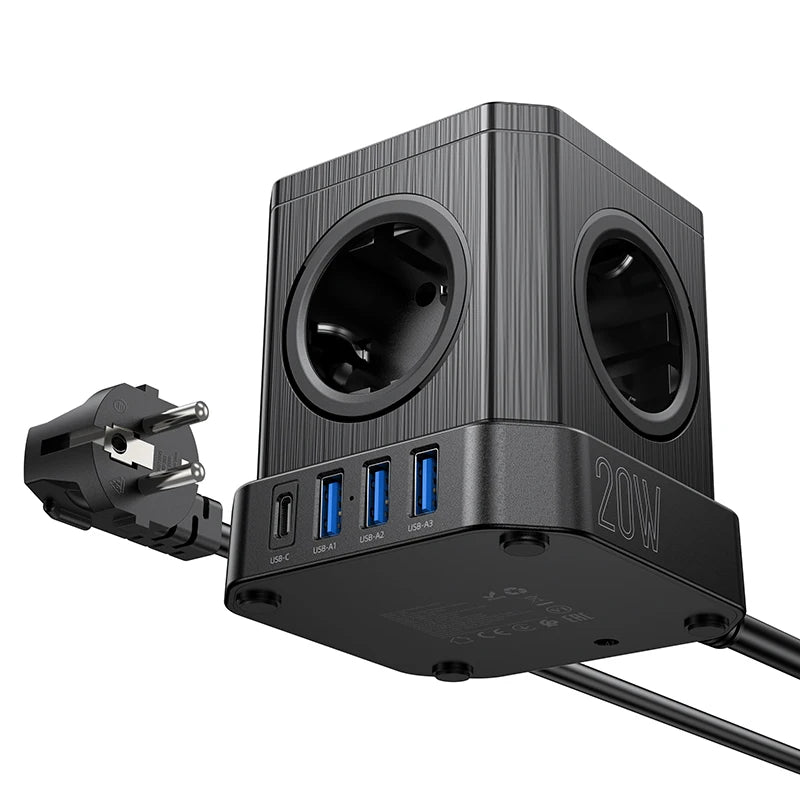 Black power adapter with two sockets and multiple USB ports on a white background