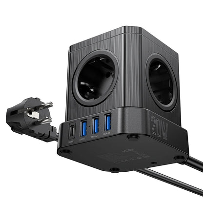 Black power adapter with two sockets and multiple USB ports on a white background