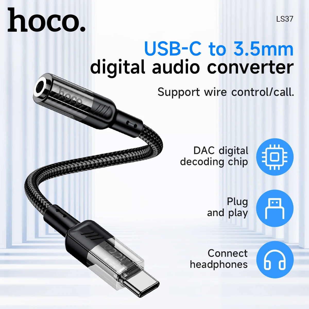 Hoco USB-C to 3.5mm digital audio converter with features listed on a white background