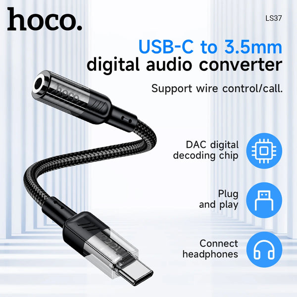 Hoco USB-C to 3.5mm digital audio converter with features listed on a white background