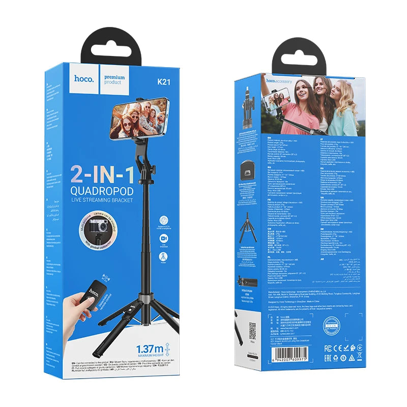Hoco K21 2-in-1 quadropod packaging with front and back views on a white background