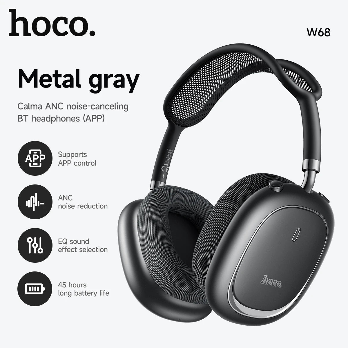 Hoco W68 noise-canceling BT headphones with features listed on a white background