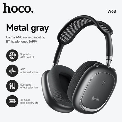 Hoco W68 noise-canceling BT headphones with features listed on a white background