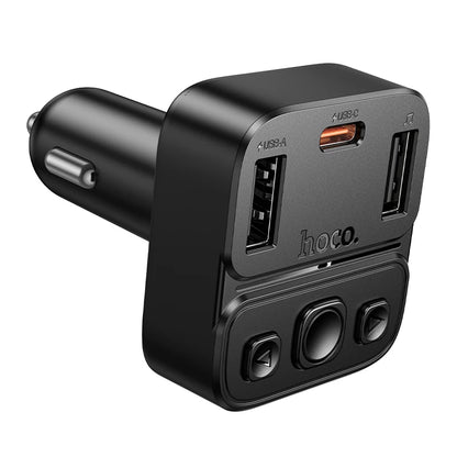 Black car charger with multiple ports on a white background