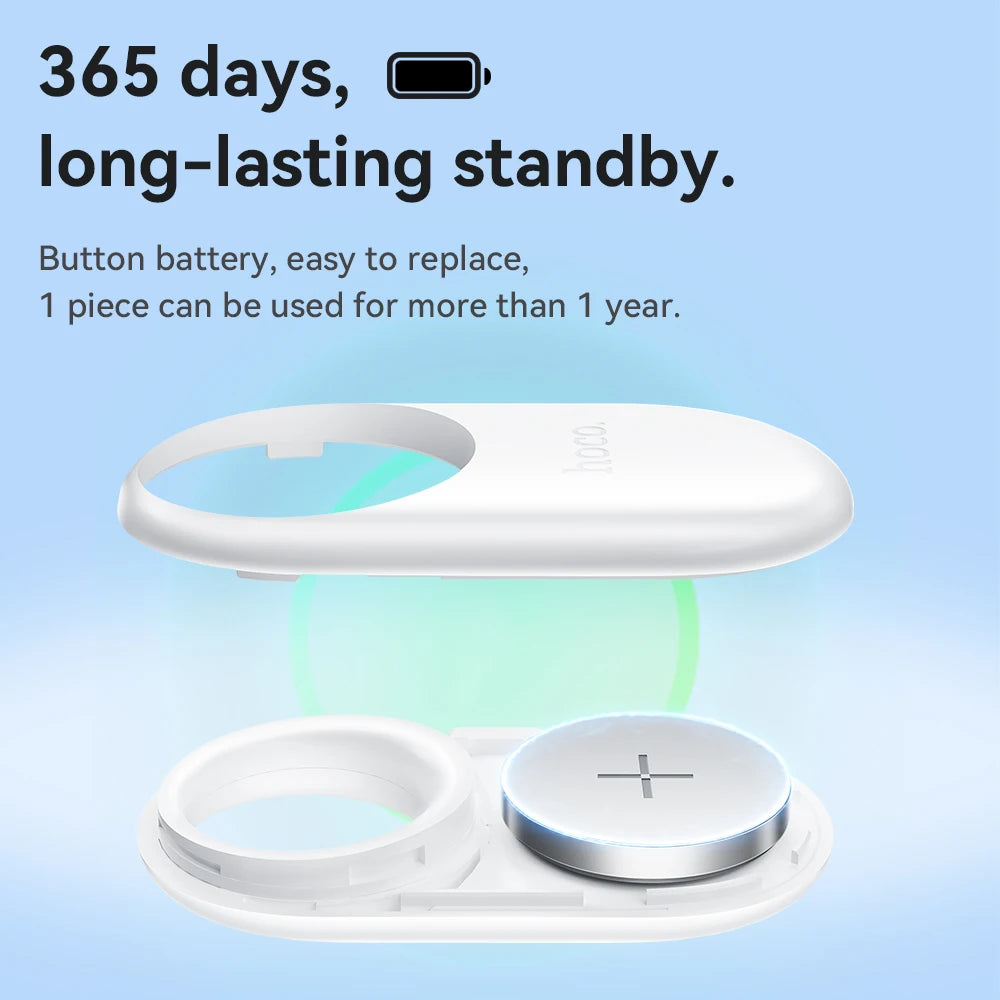 White electronic device with a button battery on a light blue background