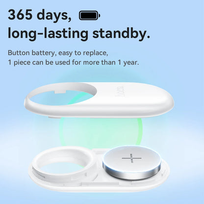 White electronic device with a button battery on a light blue background