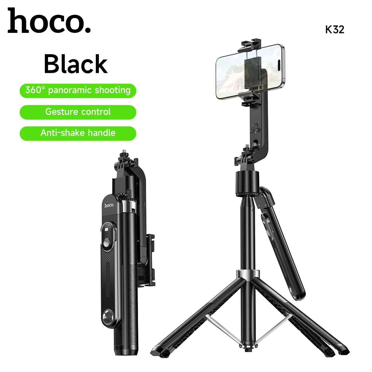 Black smartphone tripod and selfie stick with hoco. branding on a white background