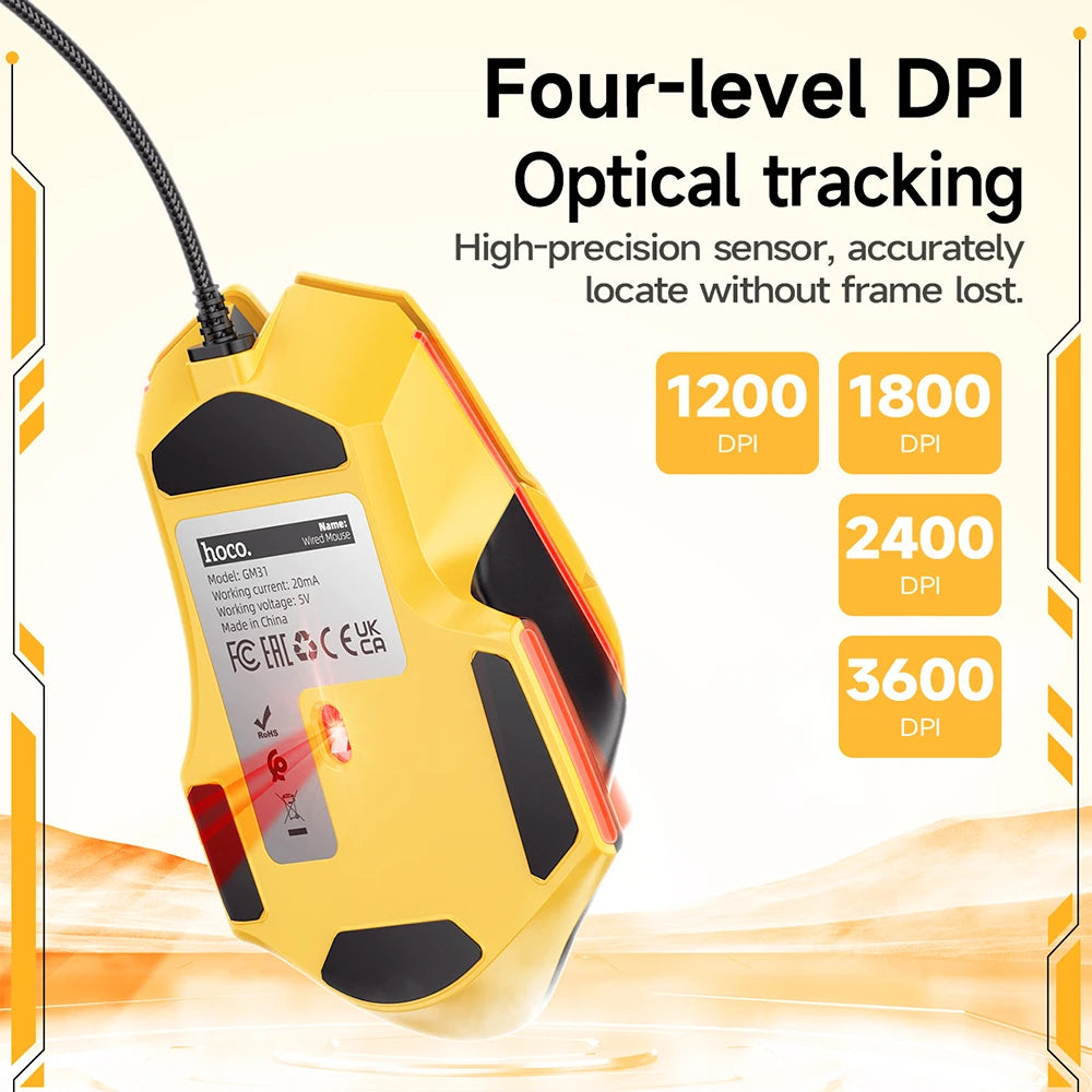 Yellow high-precision sensor with DPI options on a white background