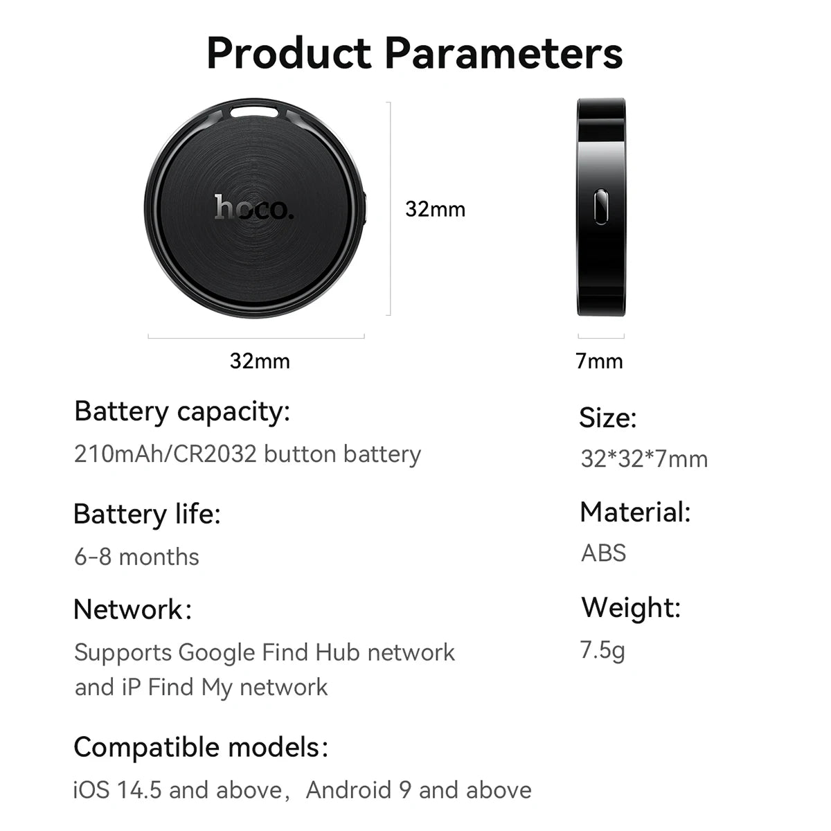Product parameters of a device with hoco branding on a white background