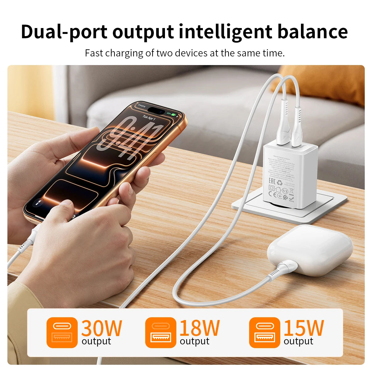 HOCO N71 30W GaN Dual Port Charger USB-C + USB-A