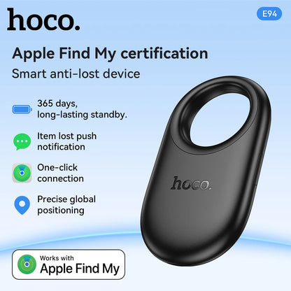 Black smart anti-lost device with hoco branding on a light blue background