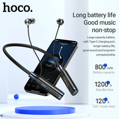 Wireless earbuds with smartphone on a white background, featuring hoco branding.