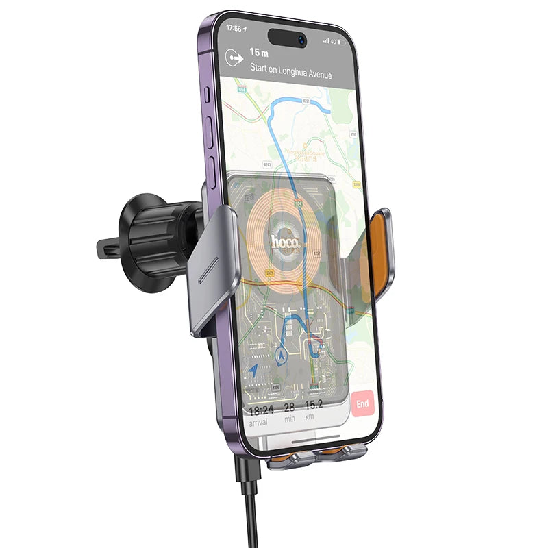 Phone mounted on a car holder with a GPS app displayed