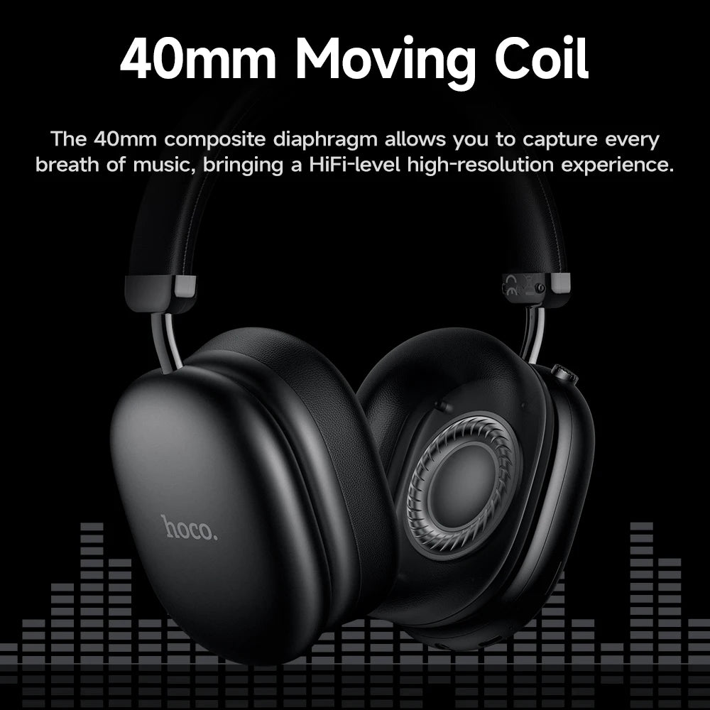 Black headphones with 'hoco.' branding on a black background with text about 40mm moving coil technology.