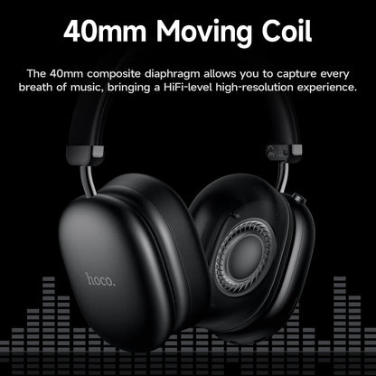 Black headphones with 'hoco.' branding on a black background with text about 40mm moving coil technology.