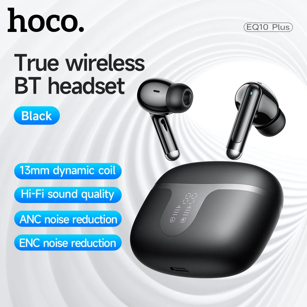 True wireless BT headset with charging case on a white background, featuring hoco branding.