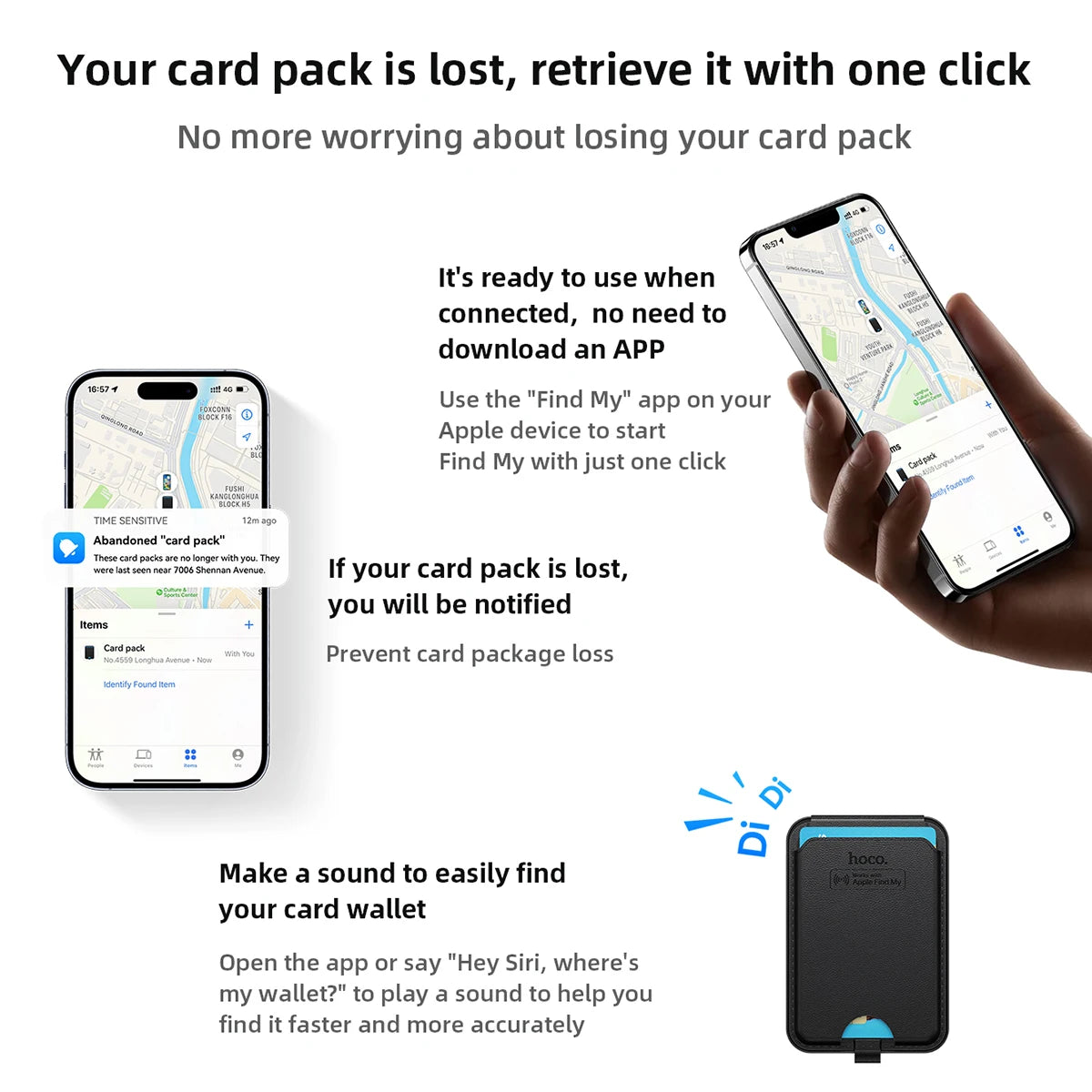Smart wallet device with smartphone app interface on a white background
