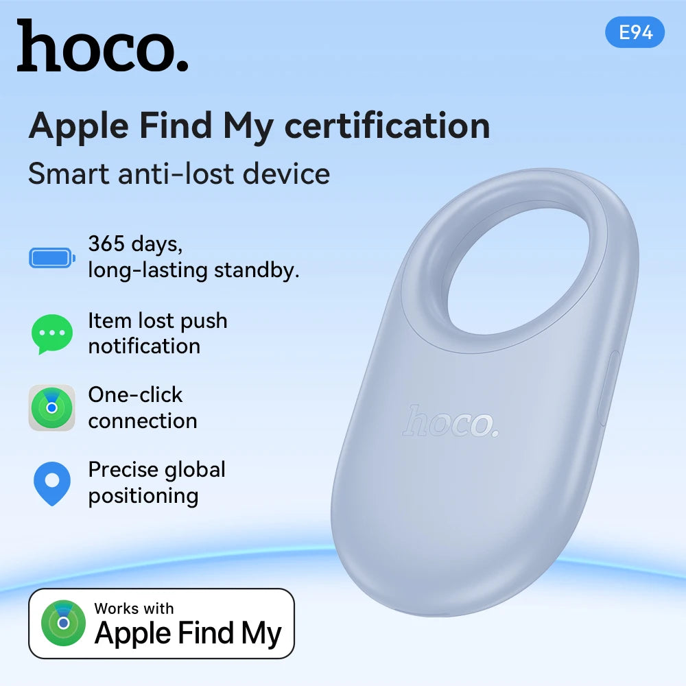 Smart anti-lost device with hoco branding and Apple Find My certification on a blue background