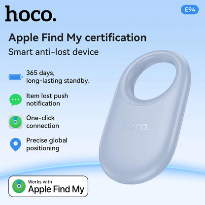 Smart anti-lost device with hoco branding and Apple Find My certification on a blue background