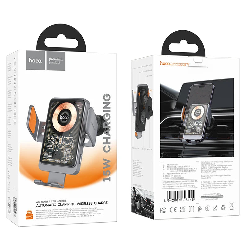 Hoco car mount packaging with front and back views on a white background