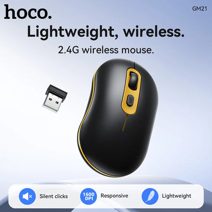 Black and gold wireless mouse with USB receiver on a light blue background, featuring the brand 'hoco'.