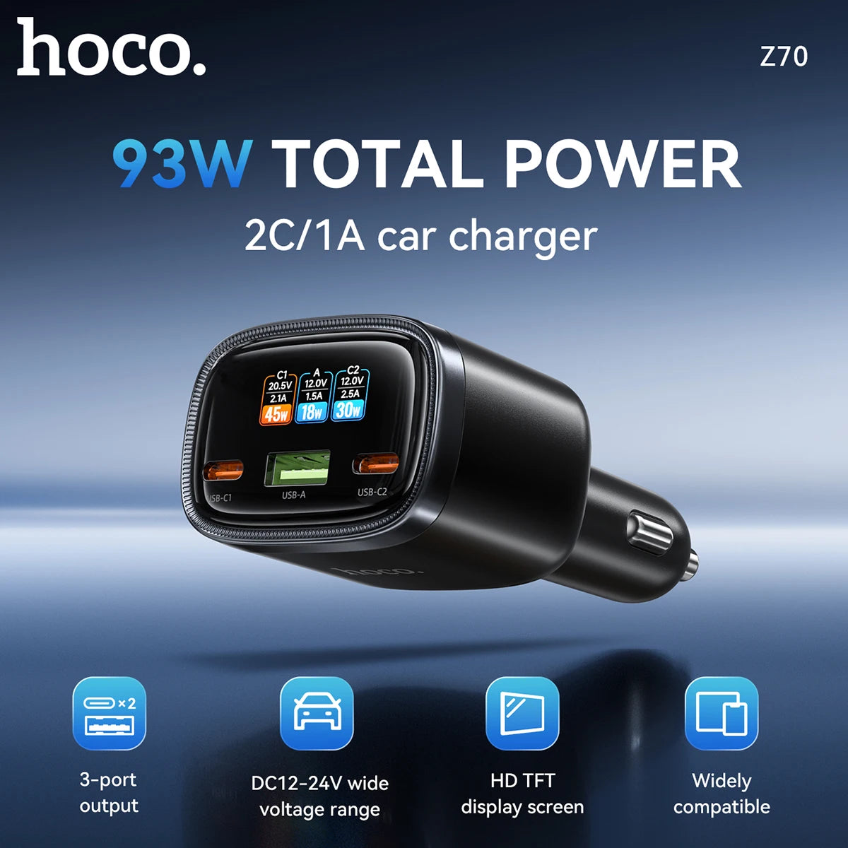 HOCO Z70 93W 3-Port Car Charger with TFT Display