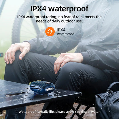 Person wearing a raincoat with IPX4 waterproof rating text overlay