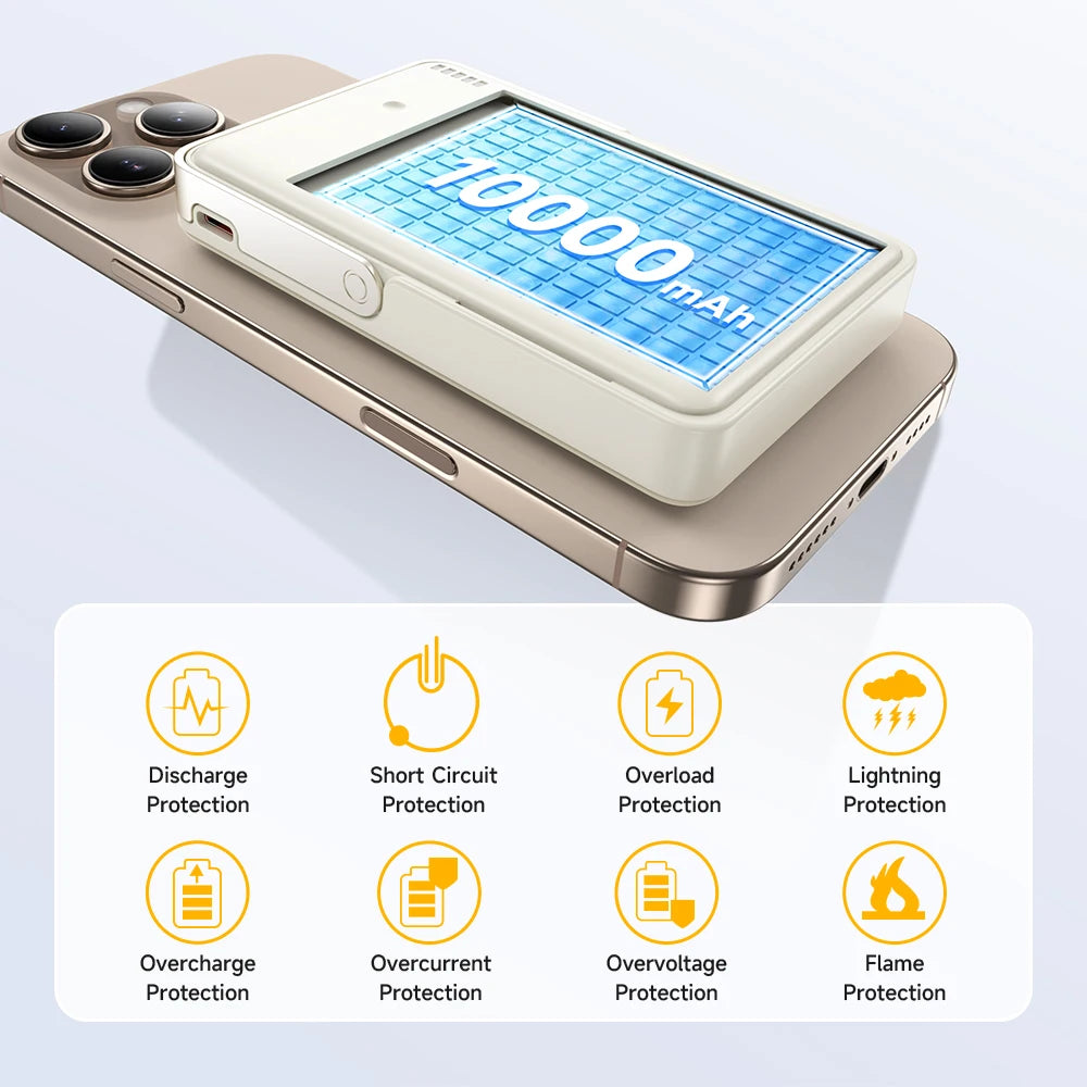 Portable phone charger with 10000mAh capacity display on a smartphone, featuring protection icons.