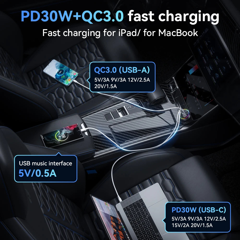 Car dashboard with devices connected for fast charging, including iPad, MacBook, and laptop.