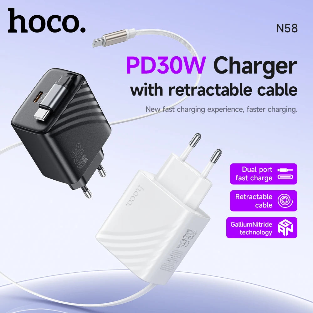 HOCO N58 30W GaN USB-C Charger with Retractable Cable