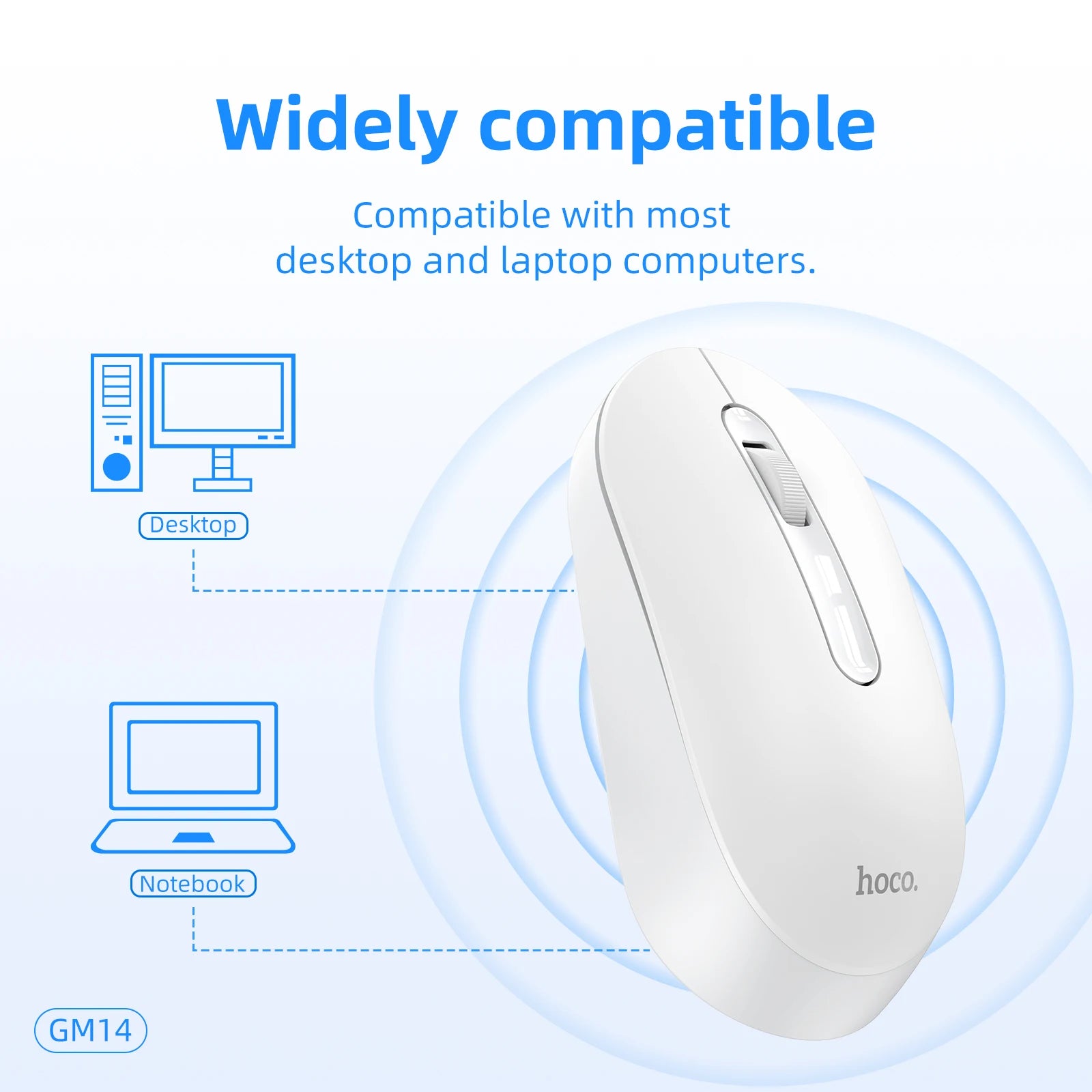 White computer mouse with compatibility text and icons on a light blue background
