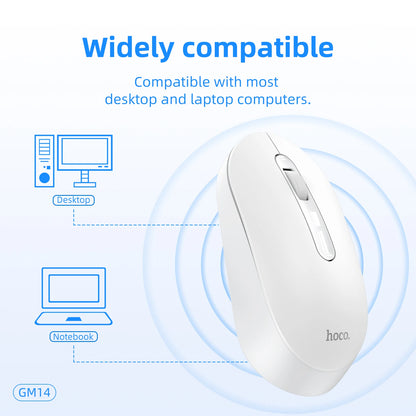 White computer mouse with compatibility text and icons on a light blue background