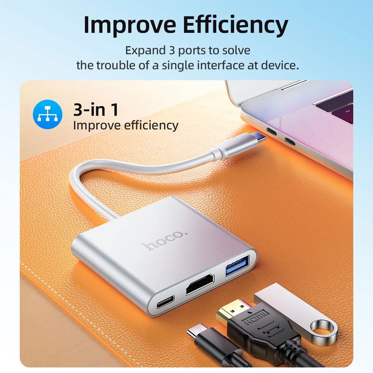HOCO HB14 3-in-1 USB-C Hub with HDMI, USB 3.0 and PD Charging