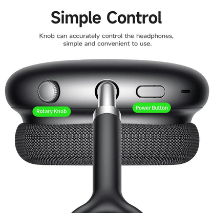 Black headphone control with rotary knob and power button on a white background