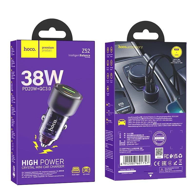 HOCO Z52 Transparent 38W PD + QC 3.0 Car Charger