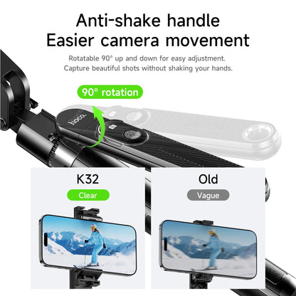 Anti-shake handle for camera with smartphone holder, showing before and after comparison.