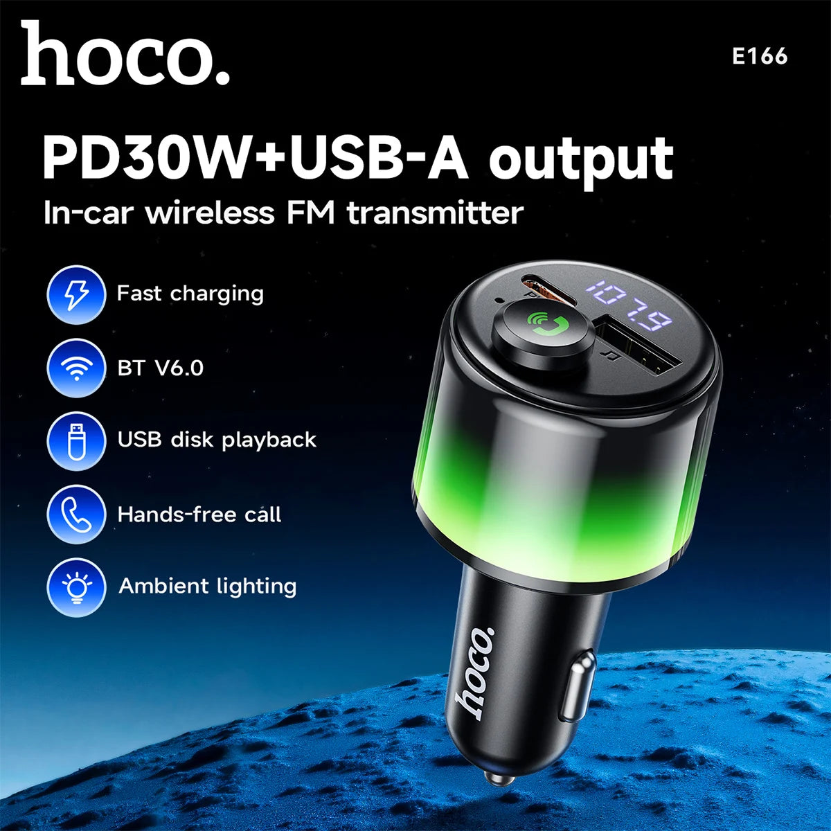 HOCO E166 Bluetooth 6.0 FM Transmitter with PD 30W & QC 3.0