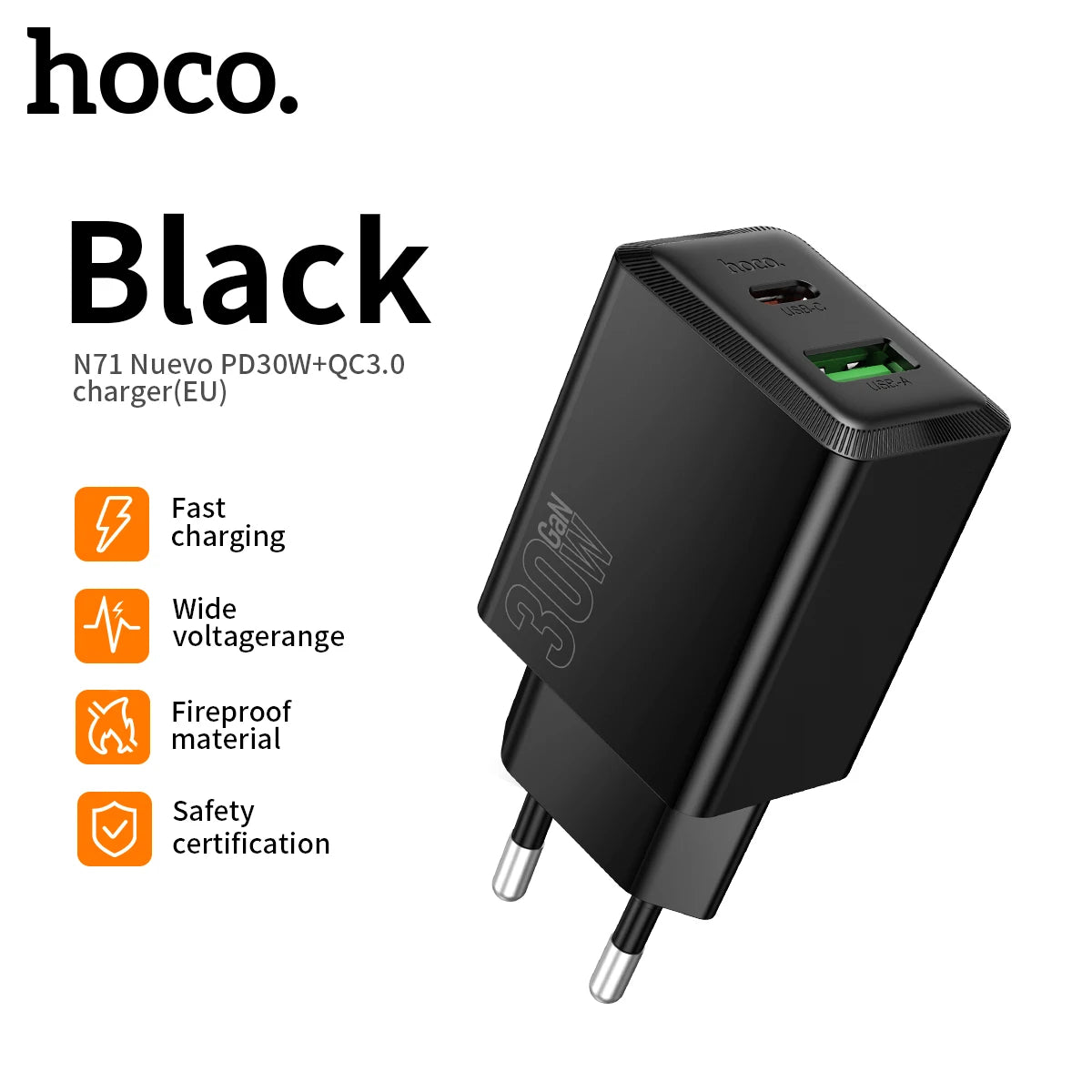 HOCO N71 30W GaN Dual Port Charger USB-C + USB-A