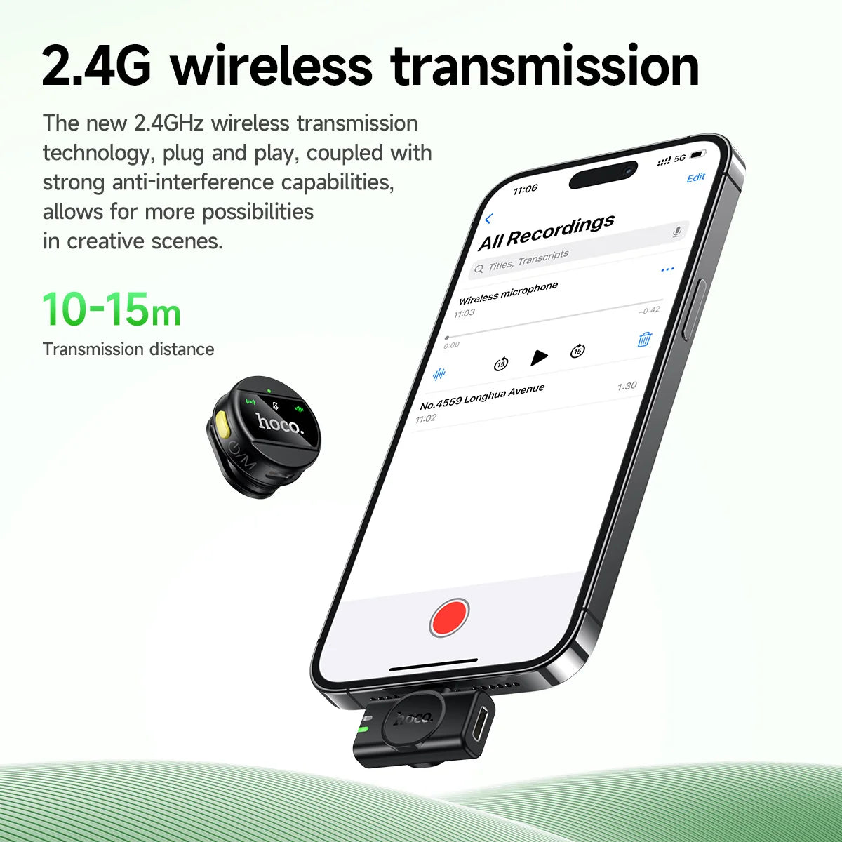 Smartphone with wireless microphone attachment displaying app interface on a white background