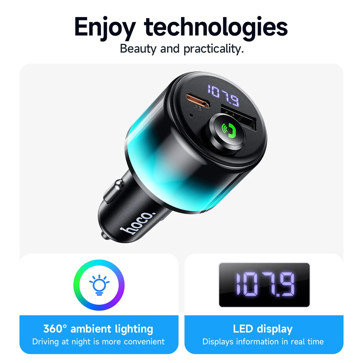 HOCO E166 Bluetooth 6.0 FM Transmitter with PD 30W & QC 3.0