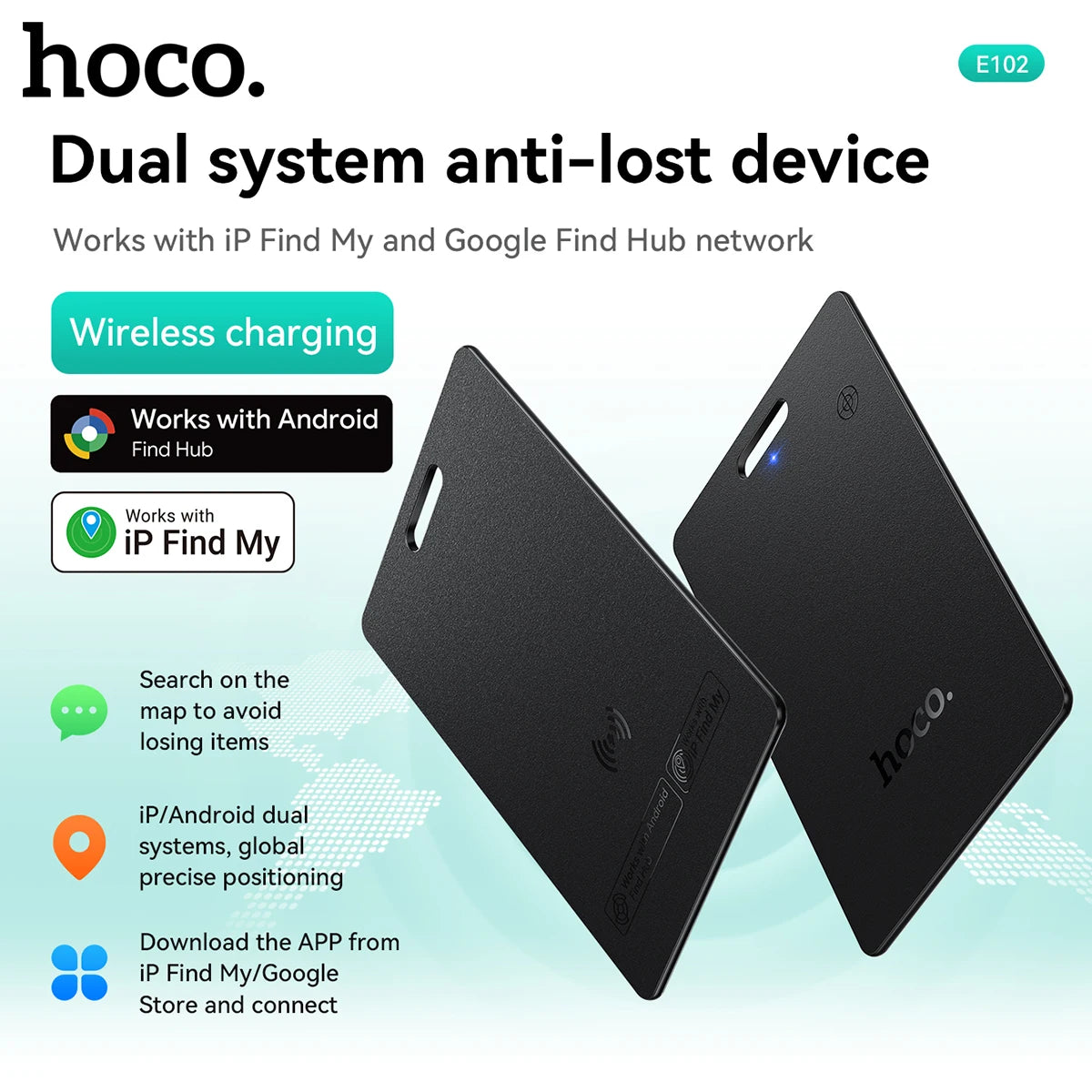 hoco. dual system anti-lost device with wireless charging feature on a light blue background