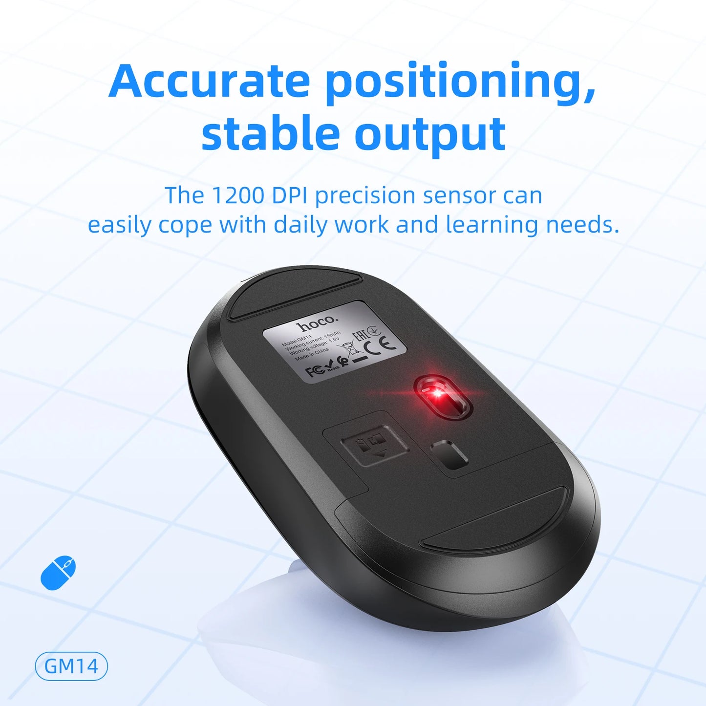 Black computer mouse with red light on a blue grid background, featuring text about accuracy and output.