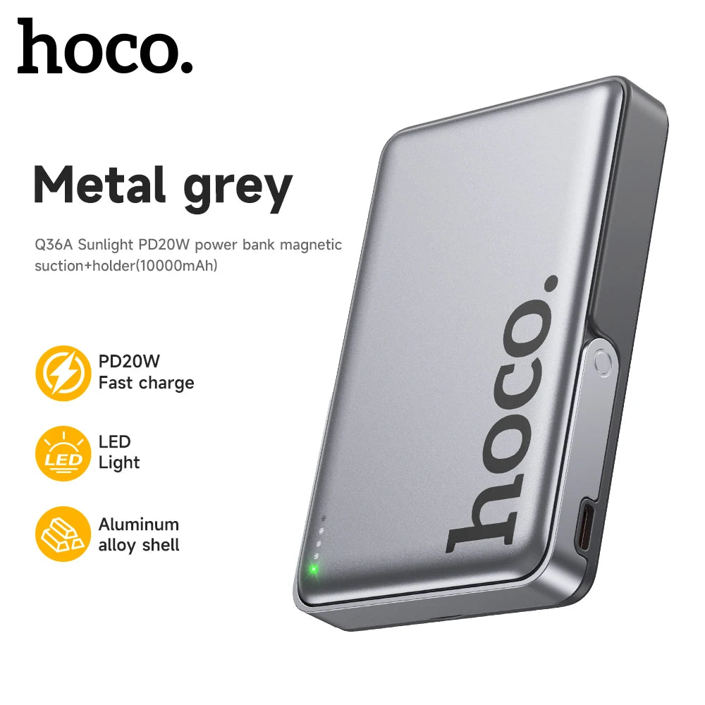 Metal grey power bank with hoco branding on a white background