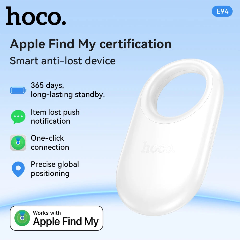 Smart anti-lost device with Apple Find My certification on a blue background
