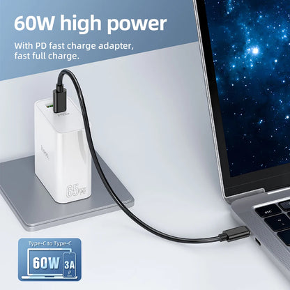 60W high power adapter charging a laptop with text and icons on a light gray background