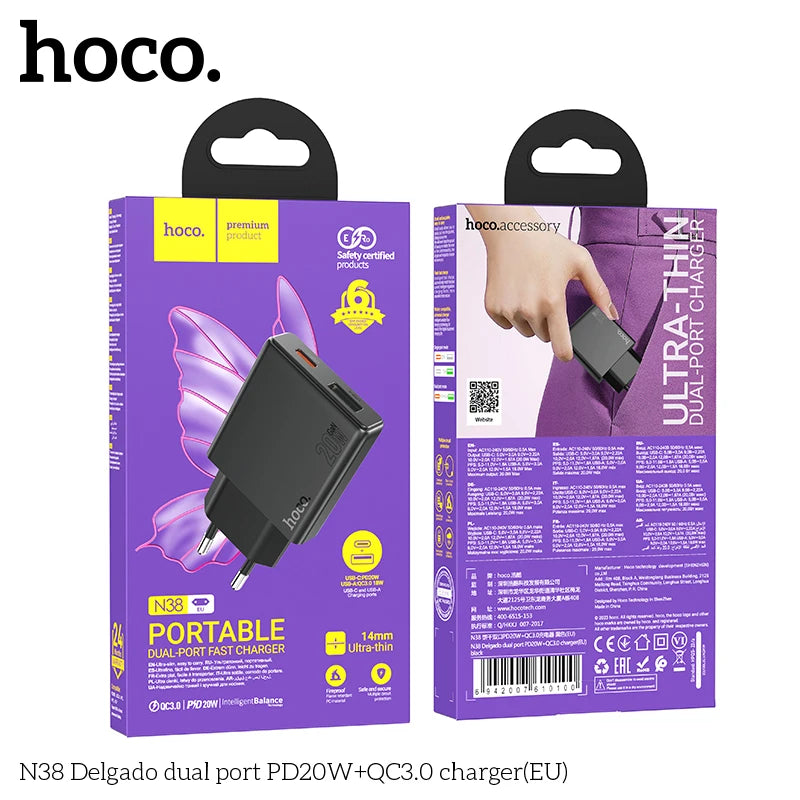 HOCO N38 20W PD Fast Charger with Dual Ports (USB-C + USB-A)