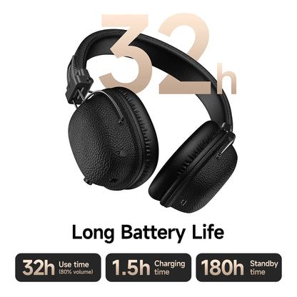 Black headphones with battery life text on a white background