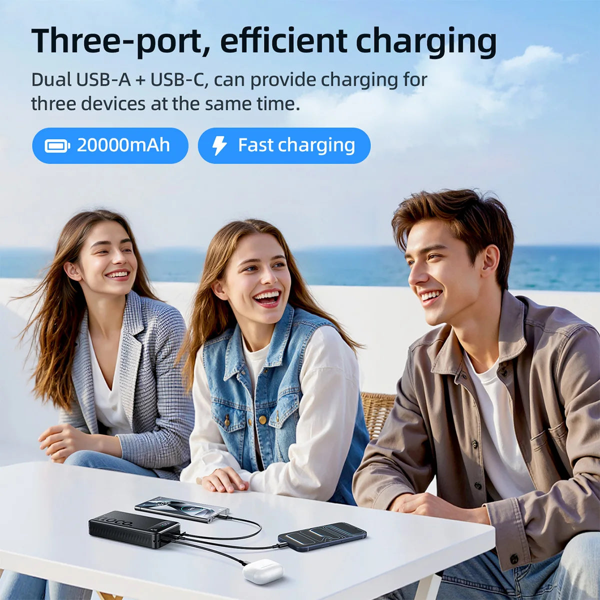 Three people sitting at a table with electronic devices, with text about charging capabilities.