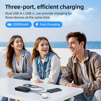 Three people sitting at a table with electronic devices, with text about charging capabilities.