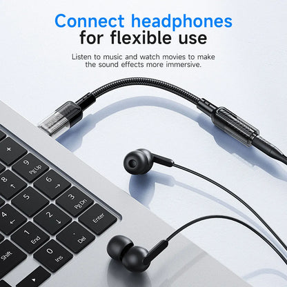Headphones connected to a laptop with text on flexible use